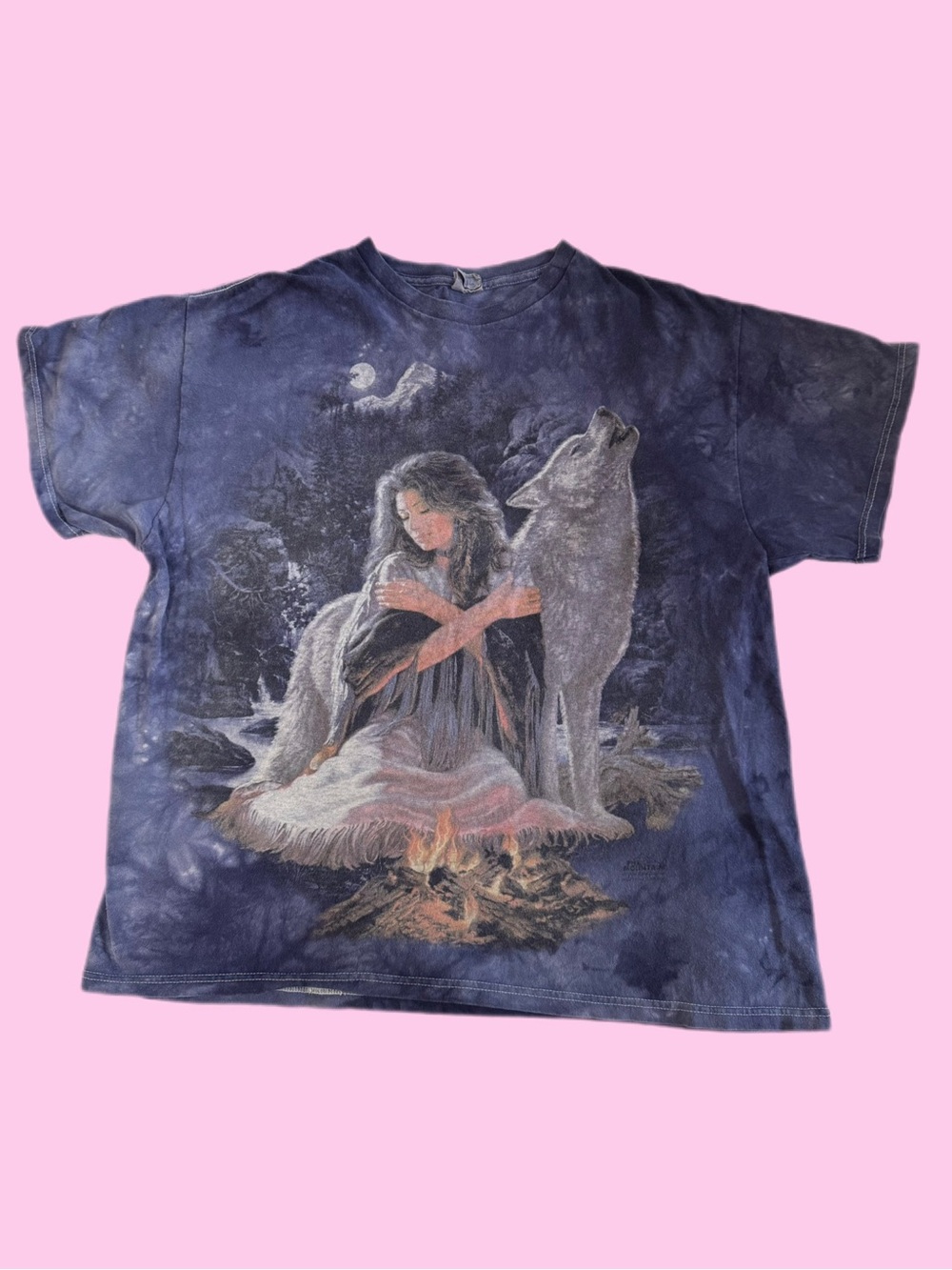 Y2K The Mountain Native American Wolf Graphic Tee Tie Dye Blue XL